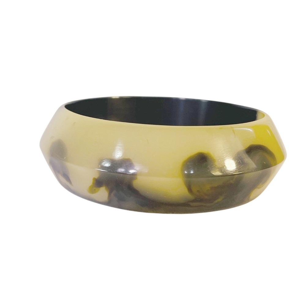 Vintage Chunky Mod Lucite Bangle Bracelet Black Amber Marbled Acrylic Statement - Picture 10 of 14